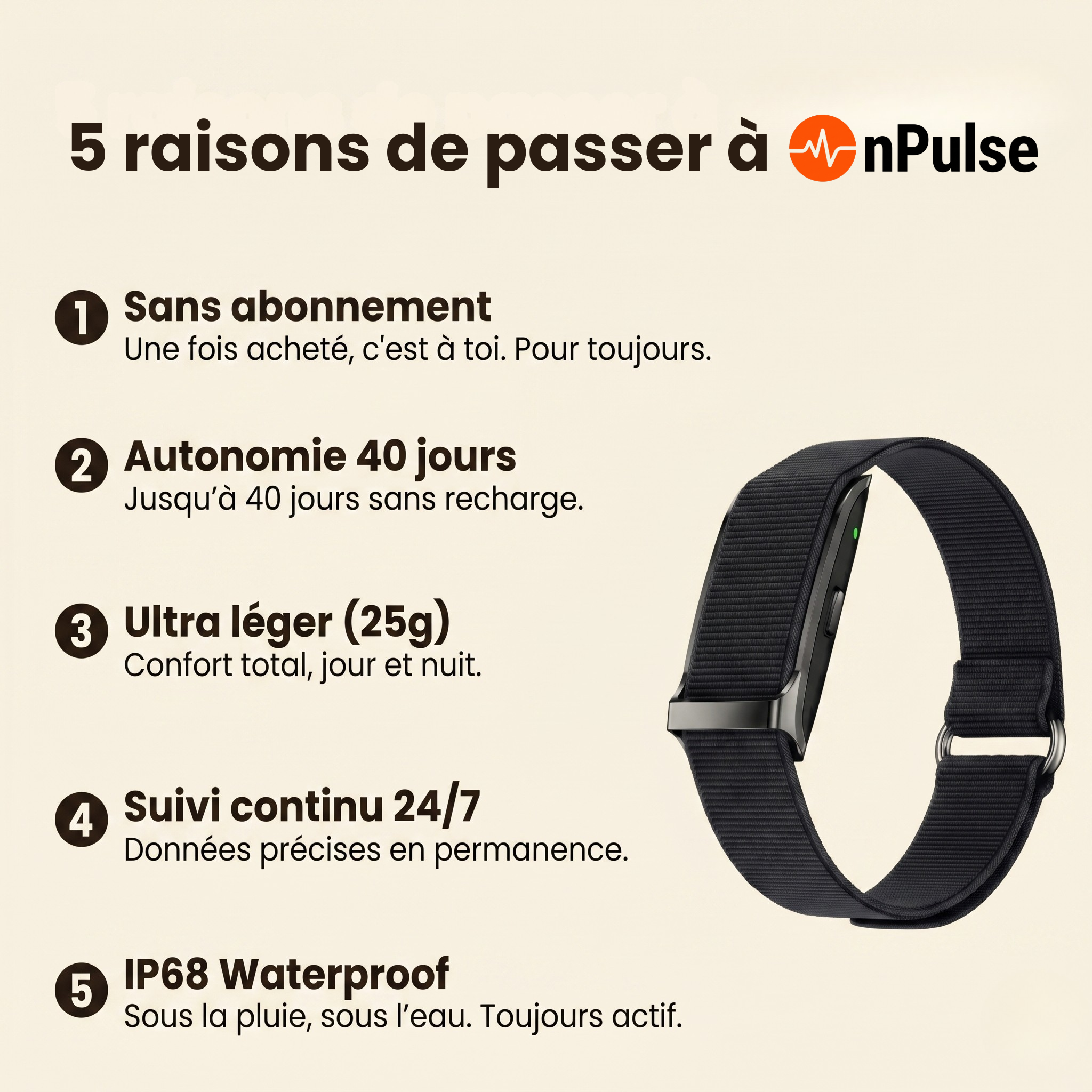 5 raisons de choisir le bracelet connecté OnPulse – sans abonnement, 40 jours d'autonomie, IP68 waterproof