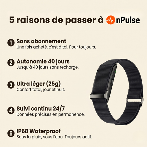 5 raisons de choisir le bracelet connecté OnPulse – sans abonnement, 40 jours d'autonomie, IP68 waterproof