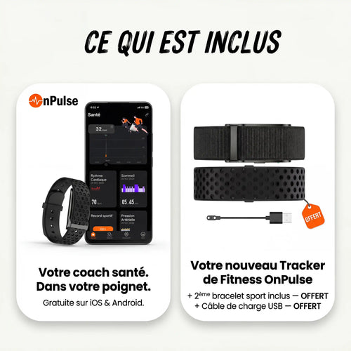 Pack complet OnPulse : bracelet connecté, application gratuite iOS Android, 2 bracelets sport et câble USB inclus
