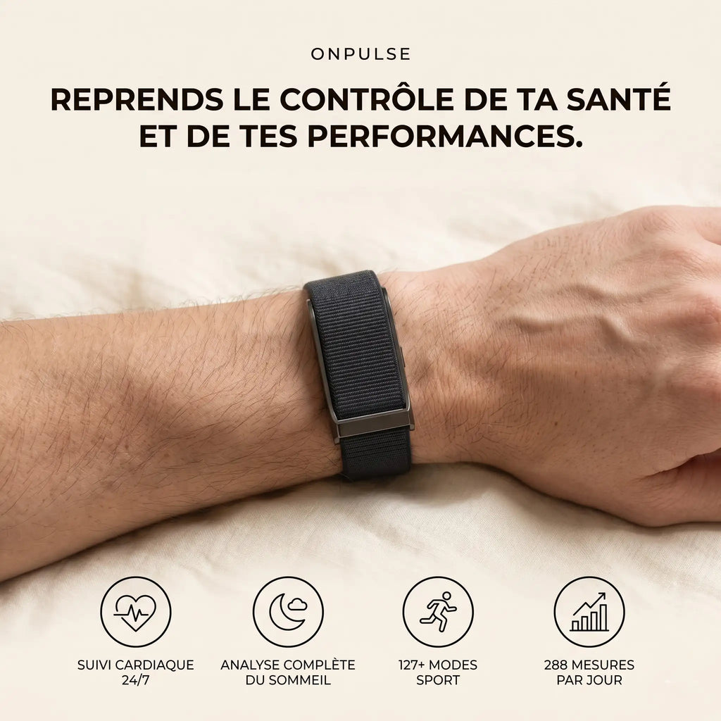 Bracelet connecté OnPulse noir porté au poignet – suivi santé, sommeil et sport